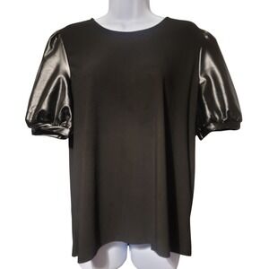 Love Scarlett Women Black Faux Leather Puff Sleeve Mixed Media Top‎ Sz L